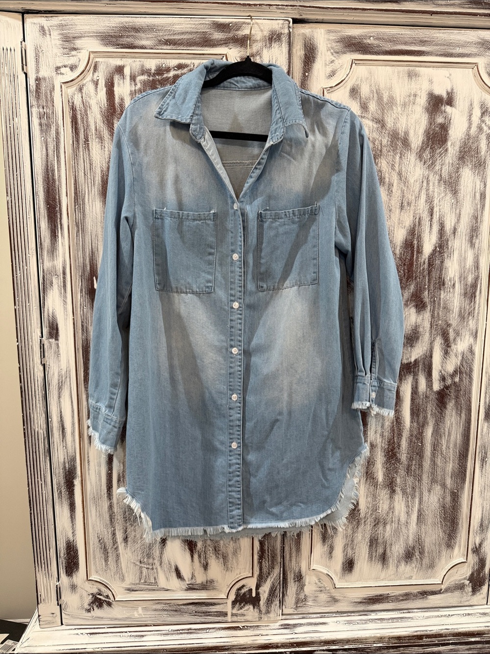 Light Blue Denim Long Sleeve Shirt Dress with Raw-Hem
